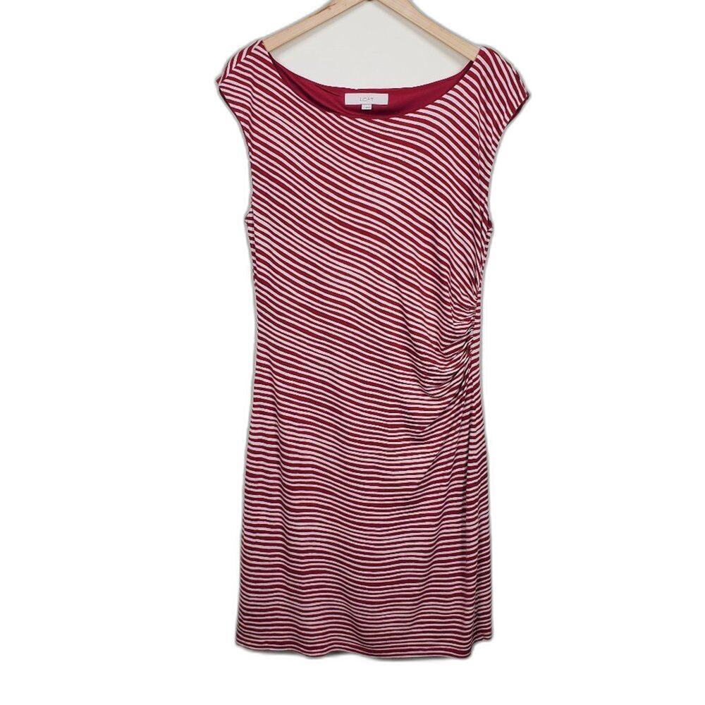 LOFT Pink White Striped Ruched Sheath Dress Womens Size L